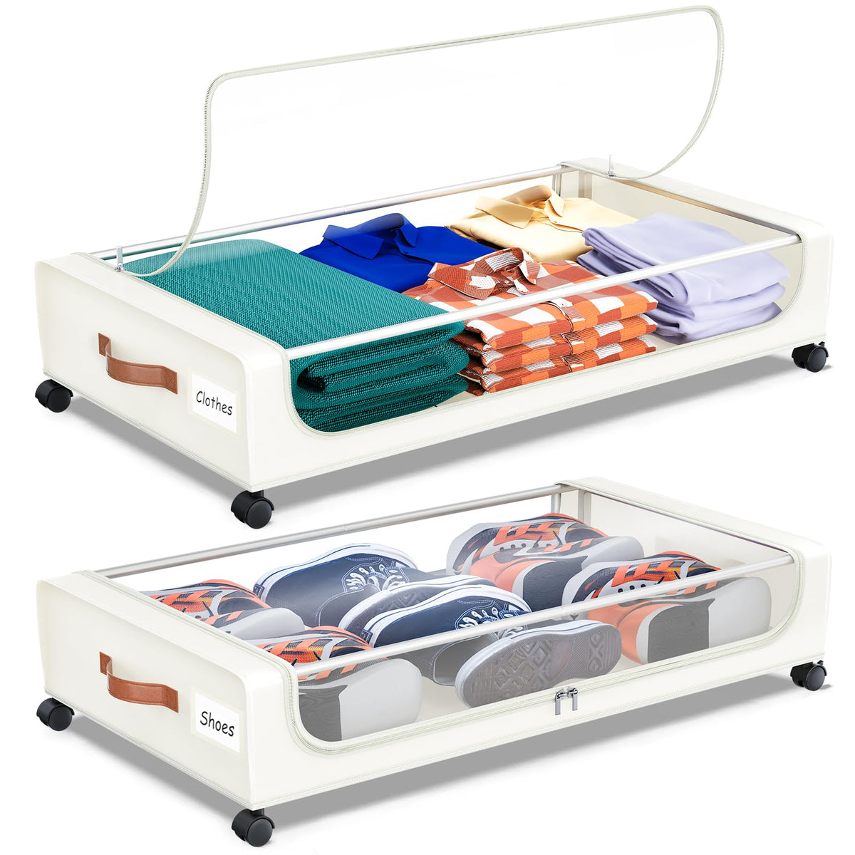 Under Bed Storage with Wheels, UnderBed Storage Containers with Clear Lid and Handles, XXL 60L Under the Bed Storage Bins Drawers for Clothes,Blankets,Shoes,Books (BLACK, 2 PACK)