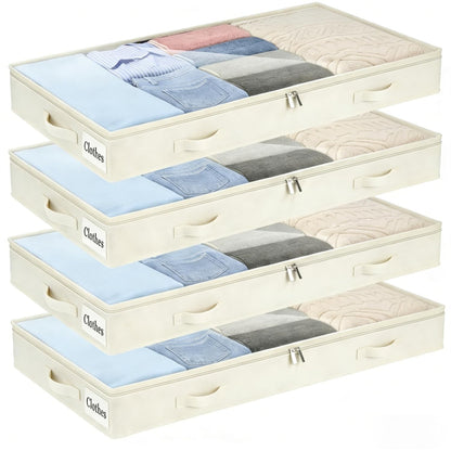 Under Bed Storage Container Bins 2 Pack, 4.5 Inch Slim Low Profile Underbed Clothes Storage Organizer for Dorm & Home, Use for Blanket and Toy Storage Box W/ Sturdy Bottom/Sides, Foldable Thick Fabric