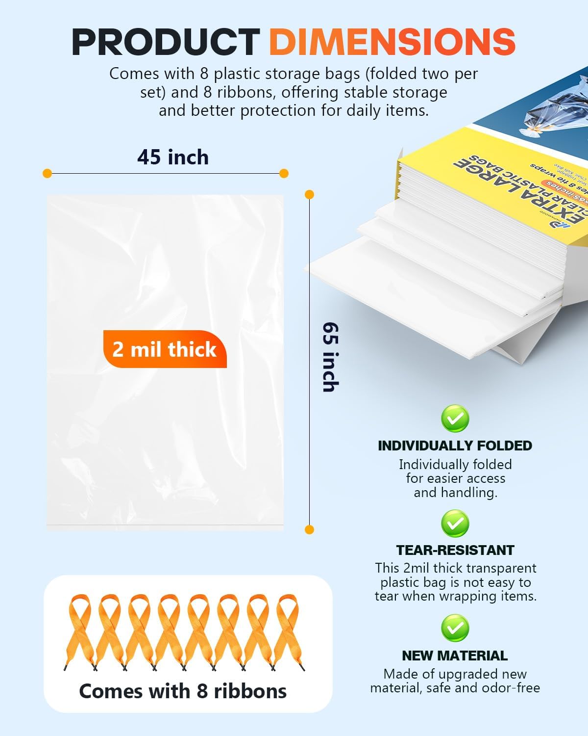 45x65 Inch Extra Large Clear Plastic Storage Bag for Luggage Cover, 8 Pack