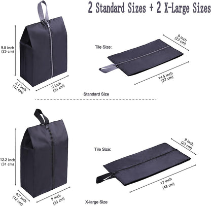 YAMIU Travel Shoe Bags Set of 4 Waterproof Nylon with Zipper for Men & Women, Black