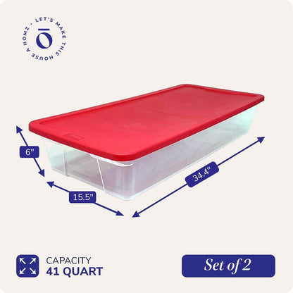 HOMZ Holiday Tote Plastic Storage Bin with Lid, 41 Qt, Clear/Red, 2 Pack