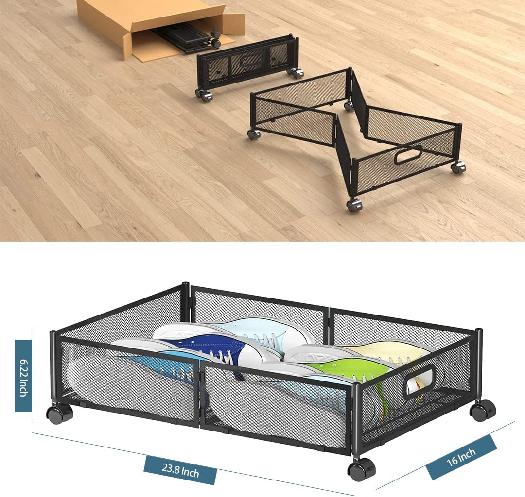 Under Bed Storage Containers, Shoe Storage With Wheels, Foldable Bedroom Storage Organization with Handles, Under Bed Storage Bins Drawer For Clothes, Blankets And Shoes, Bedding (2 Pack, Black)