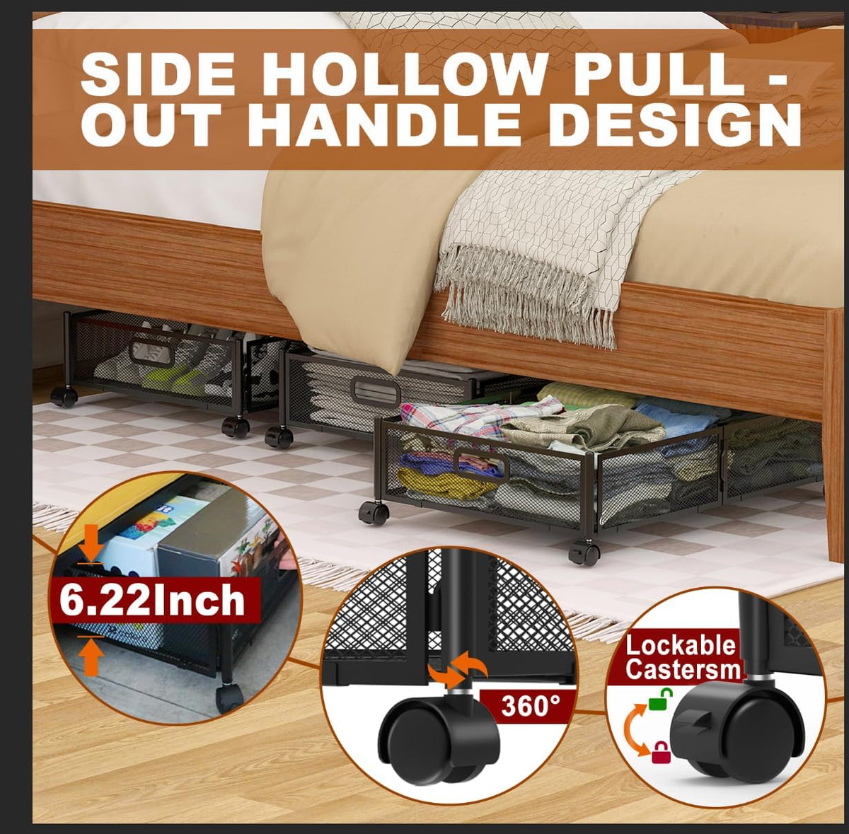 Under Bed Storage Containers,2 Pack Foldable Underbed Storage Containers with Handles and Wheels,Folding Bed Shoes Clothes Organizer,Easy Assembly Underbed Storage for Toy ,Bedding,Bedroom(Black)