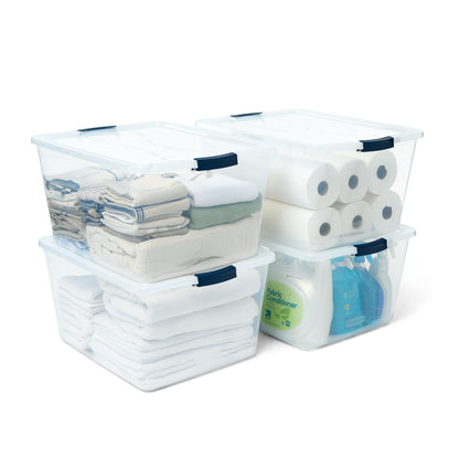 Rubbermaid Cleverstore 42 Quart Stackable Plastic Storage Container Organizer Bin with Latching Lids for Garage, Closet, and Classroom, Clear, 4 Pack