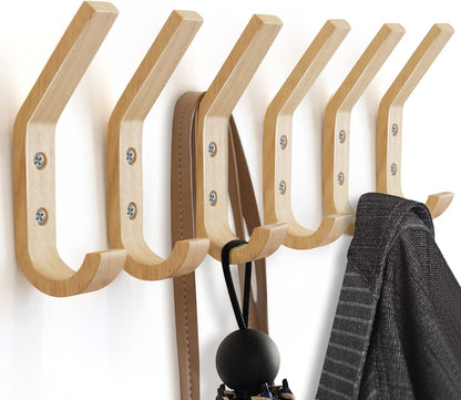 Wooden Wall Hooks Organizer Heavy Duty 6 Pack Coat Hooks for Hanging Coats