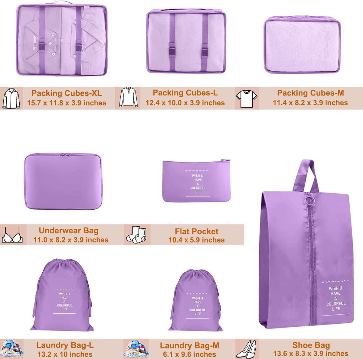 Packing Cubes for Travel 8 Set Luggage Organizer Bags