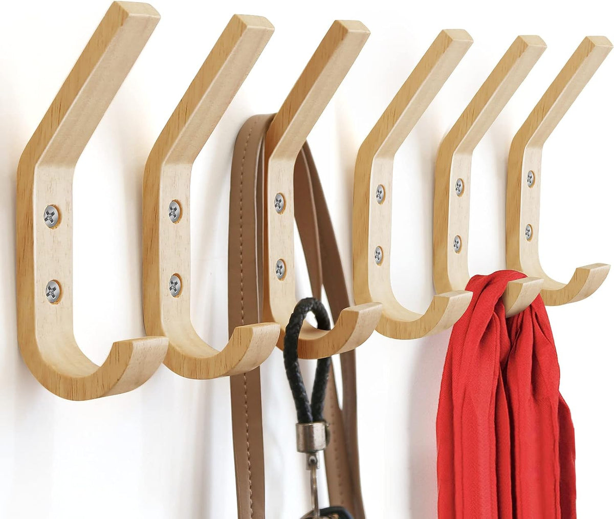 Wooden Wall Hooks Organizer Heavy Duty 6 Pack Coat Hooks for Hanging Coats