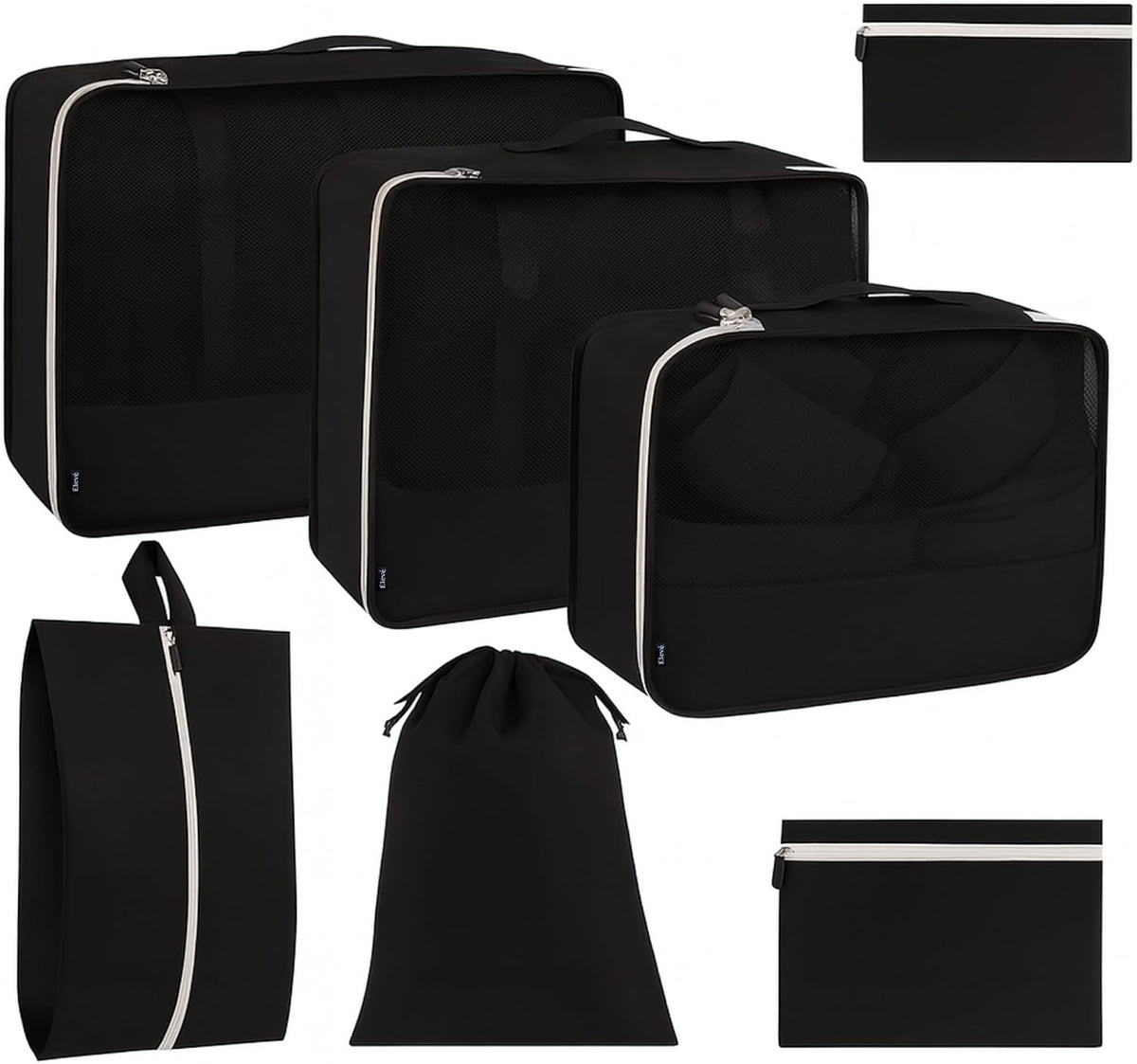 7Pc Packing Cubes for Travel & Storage, Zipper & Drawstring Bags Set, Black