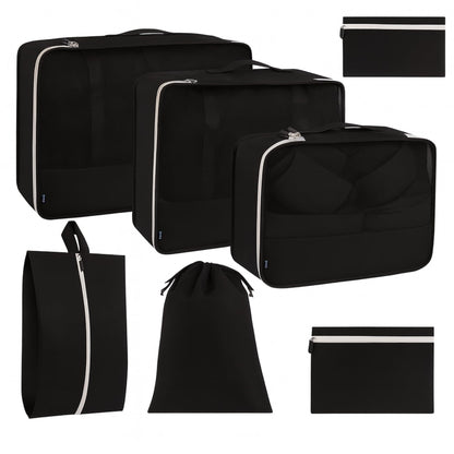 7Pc Packing Cubes for Travel & Storage, Zipper & Drawstring Bags Set, Black