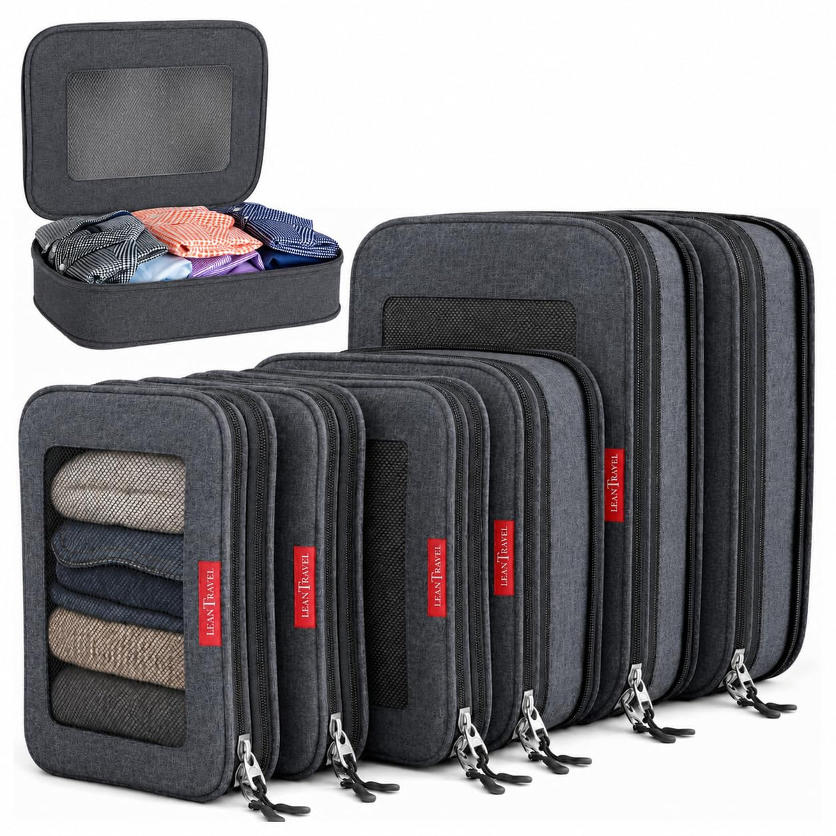 LeanTravel Premium Compression Packing Cubes for Travel - Suitcase Organizer Bags with Double Zipper & Breathable Mesh Panel - Space Saving Carry On Luggage Essentials (6-Pack, Grey)