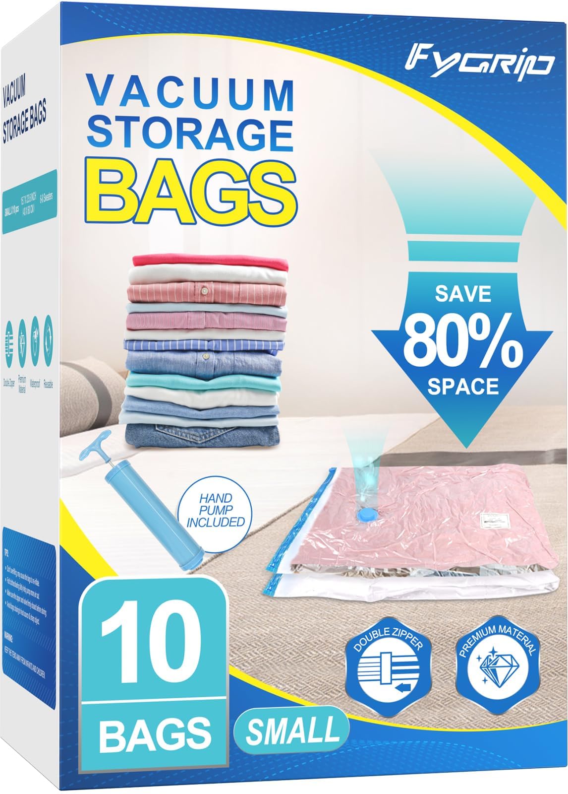 Fygrip 80% Space Saver Vacuum Storage Bags with Hand Pump, 10 Medium
