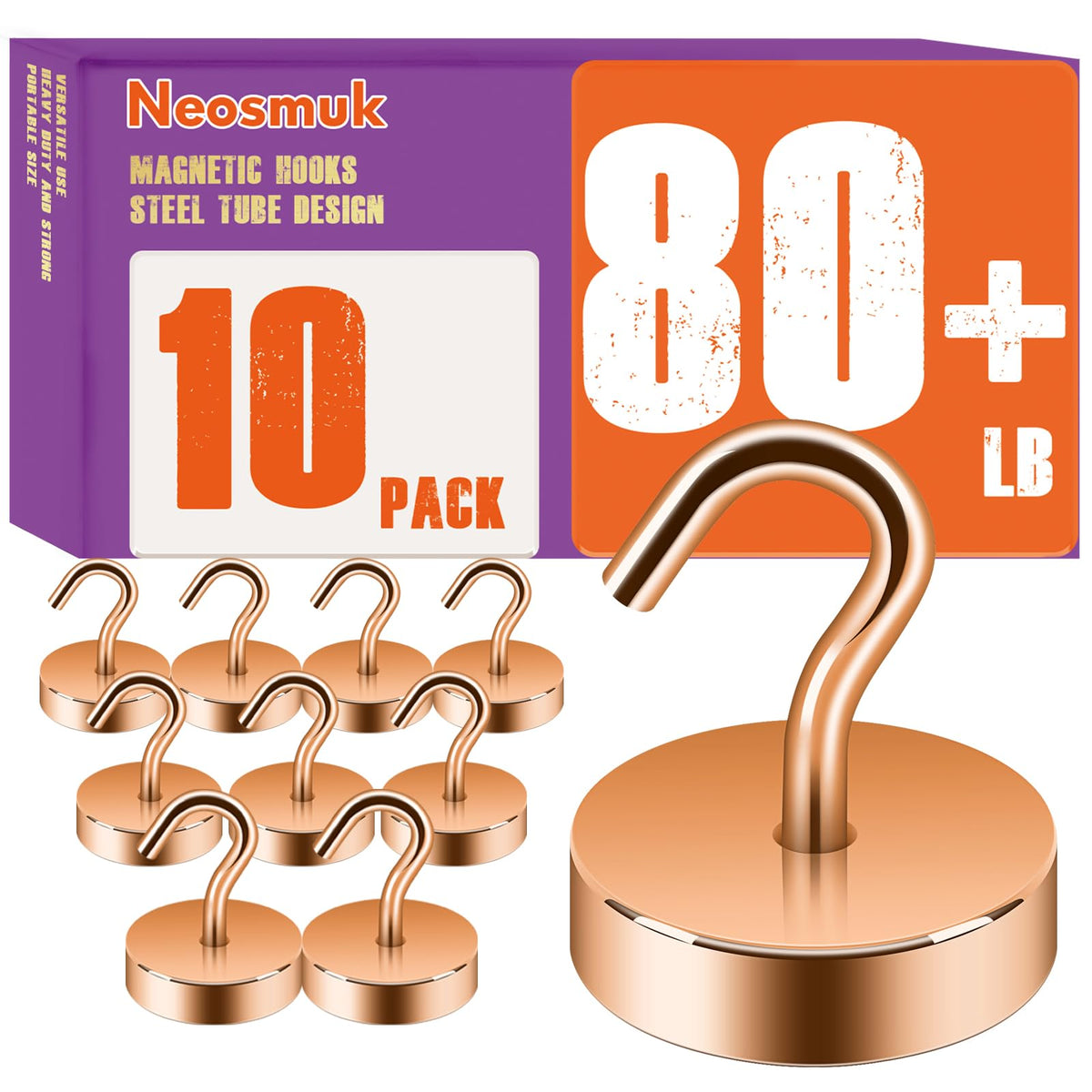 Neosmuk Magnetic Hooks Steel Tube Design for Cruise,80lb+ Black,10 Pack