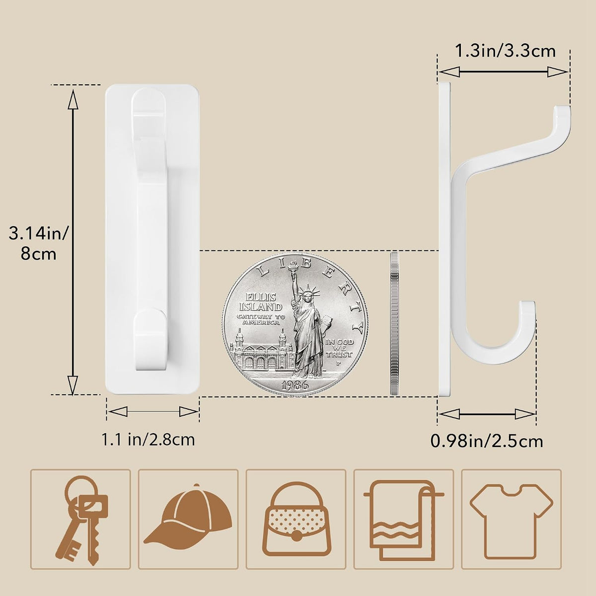 pickpiff 12 Pack Strong Stick-on Hooks 13LB for Coat & Towel, White