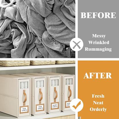 8 Pack Foldable Bed Sheets Set Organizers and Storage(King & Queen Size),Linen Fabric Closet Organizers with Window,Folding Bedding Storage Box for Bedsheets and Pillow Cube Organizer-Beige