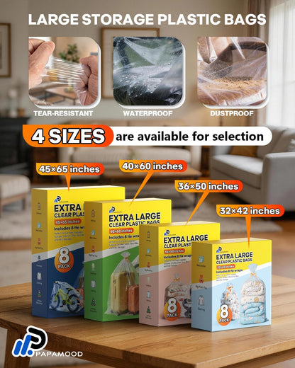 45x65 Inch Extra Large Clear Plastic Storage Bag for Luggage Cover, 8 Pack