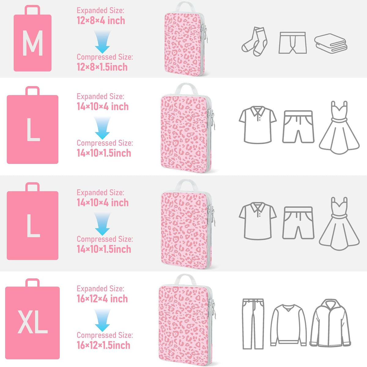 4 Set Compression Packing Cubes For Travel Bags Organizer For Luggage Suitcase Organizer, Compression Bags For Travel Accessories Luggage Storage Set (4 Pcs, Pink Leoparda)