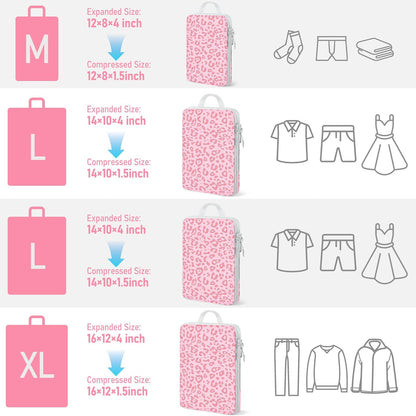 4 Set Compression Packing Cubes For Travel Bags Organizer For Luggage Suitcase Organizer, Compression Bags For Travel Accessories Luggage Storage Set (4 Pcs, Pink Leoparda)