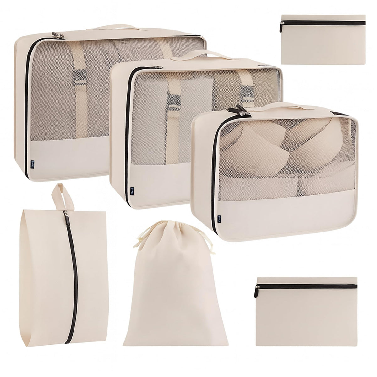 7Pc Packing Cubes for Travel & Storage, Zipper & Drawstring Bags Set, Black