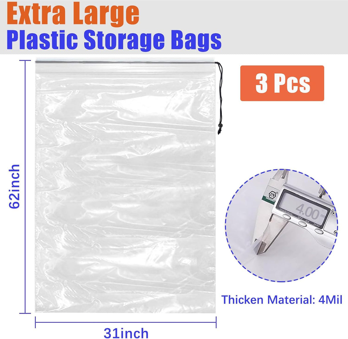 62x31 Inch Extra Large Clear Plastic Suitcase Storage Bags, 3 Pack, 4 Mils