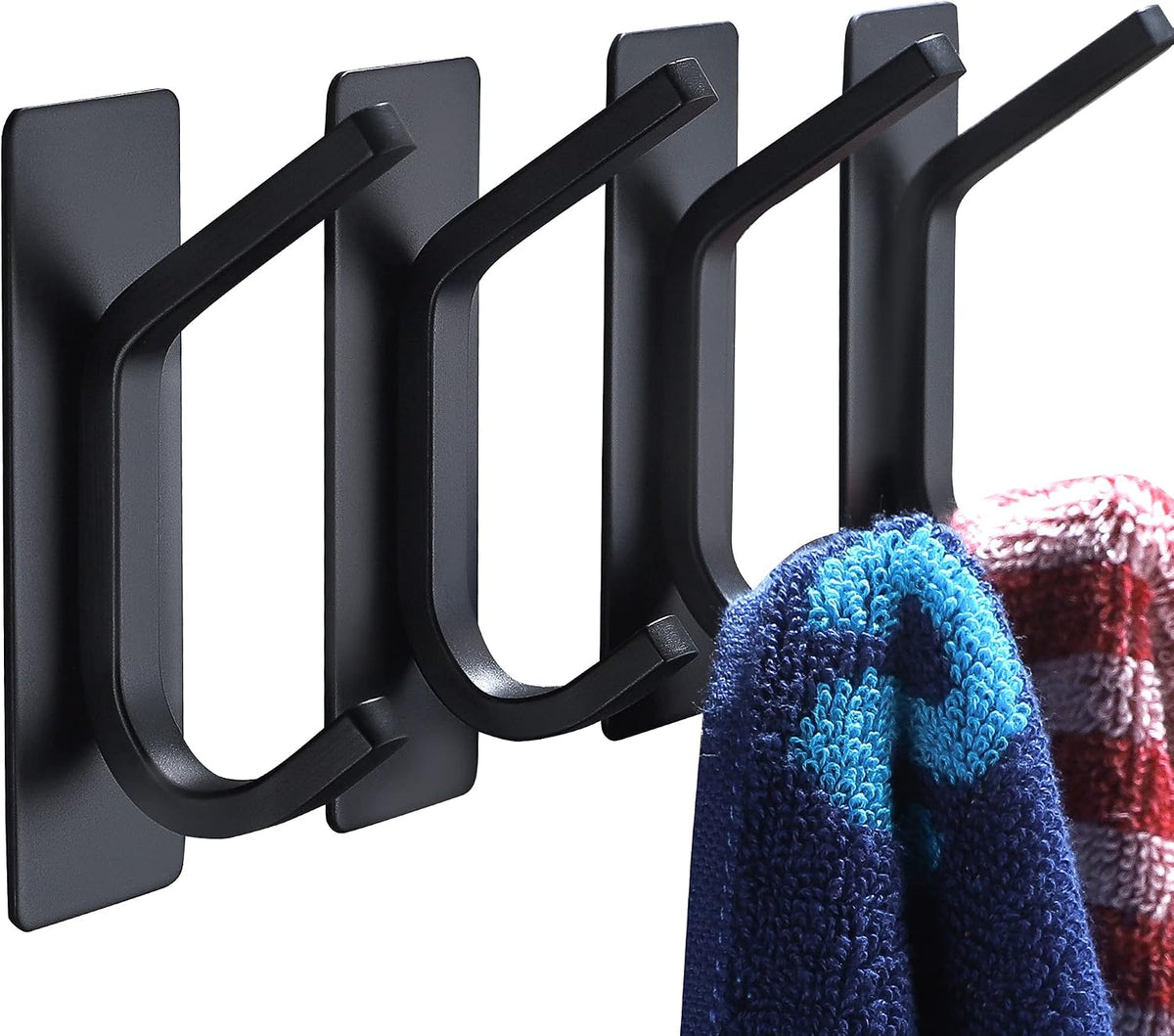 YIGII Towel Hook/Adhesive Hooks - Black Wall Hooks Stick for Bathroom and Kitchen Heavy Duty Hooks 4-Pack, Stainless Steel