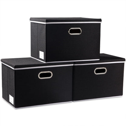 PRANDOM Large Collapsible Storage Bins with Lids [3-Pack] Linen/Cotton Blend Foldable Storage Boxes Organizer Containers Baskets Cube with Cover for Home Bedroom Closet Office Nursery(17.7x11.8x11.8)