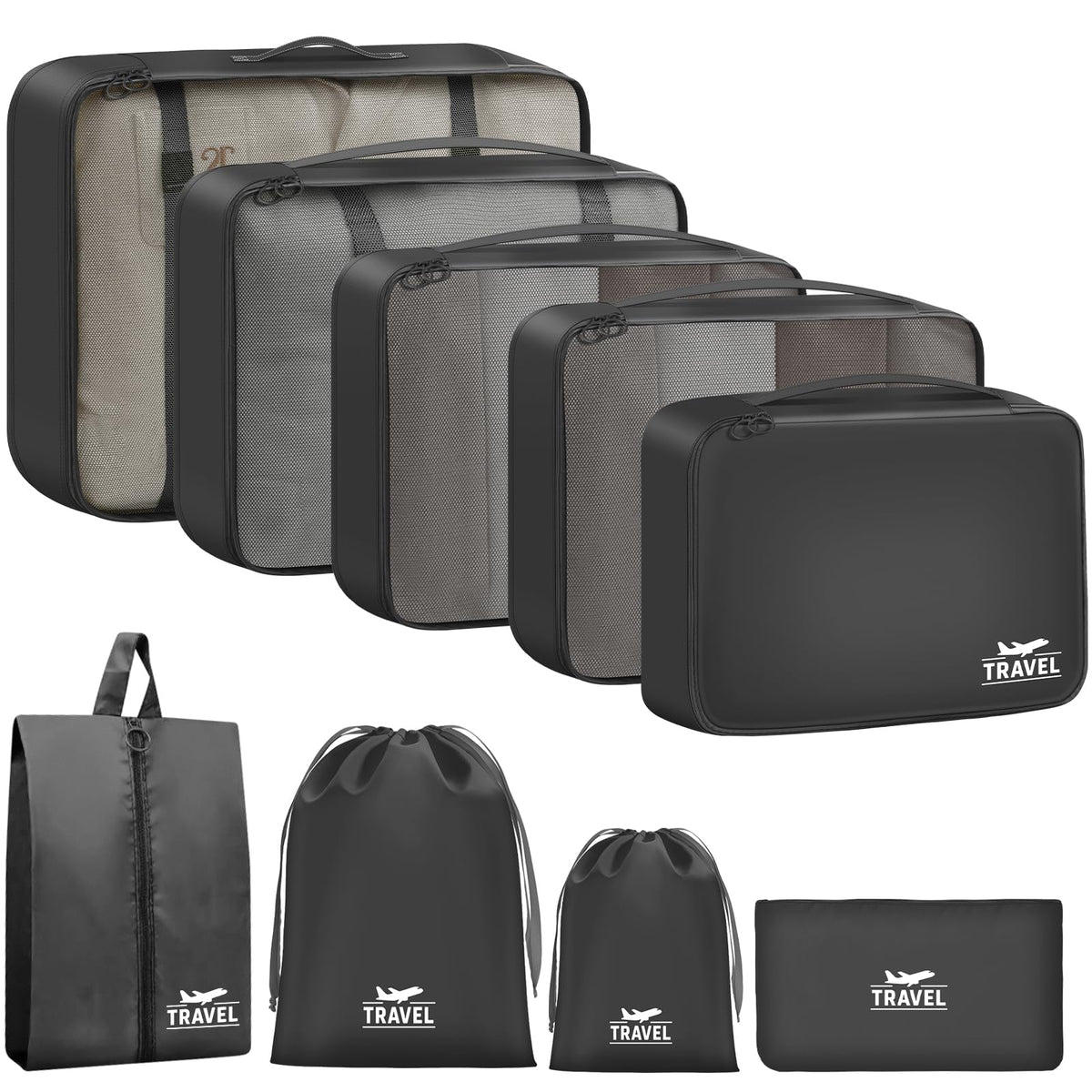9 Set Packing Cubes for Travel Essentials - Lightweight Carry-On Luggage Organizer Bags with Shoe, Clothes & Laundry Bags for Airplane, Family & Business Travel, Leopard print