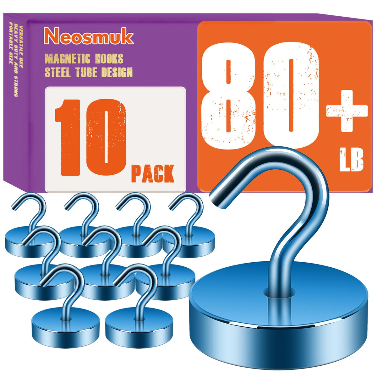 Neosmuk Magnetic Hooks Steel Tube Design for Cruise,80lb+ Black,10 Pack