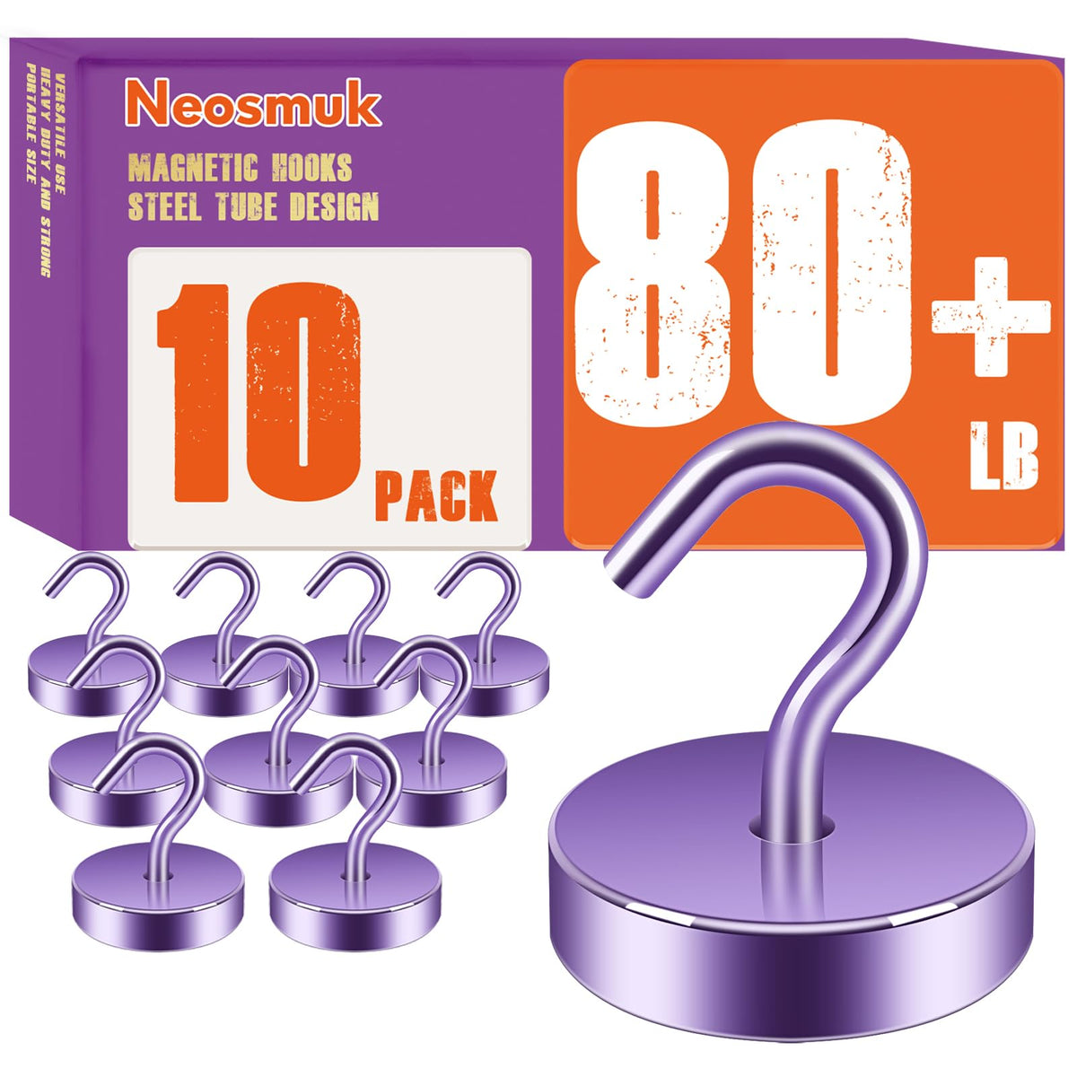 Neosmuk Magnetic Hooks Steel Tube Design for Cruise,80lb+ Black,10 Pack