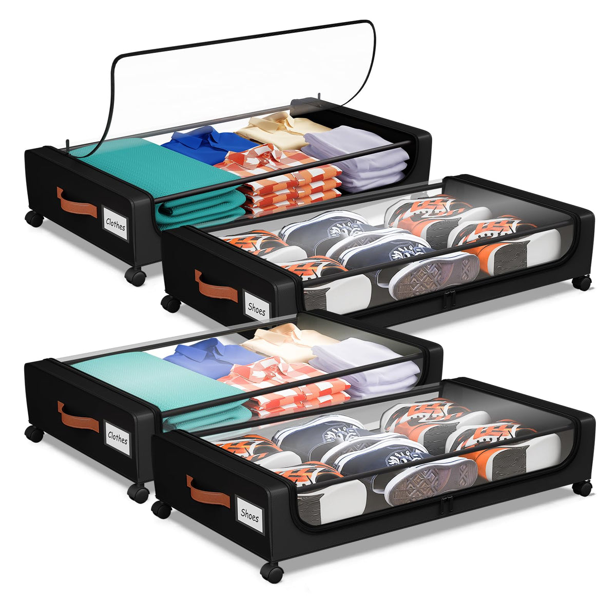 Under Bed Storage with Wheels, UnderBed Storage Containers with Clear Lid and Handles, XXL 60L Under the Bed Storage Bins Drawers for Clothes,Blankets,Shoes,Books (BLACK, 2 PACK)