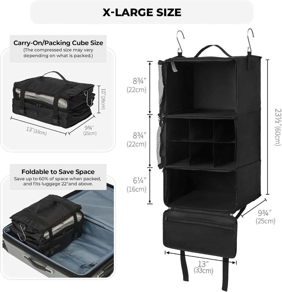 GRANNY SAYS Hanging Packing Cubes for Travel, Large Luggage Bags, Black
