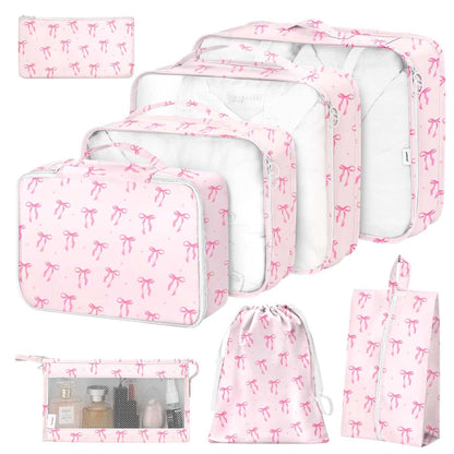 8 Set Packing Cubes for Suitcases,Suitcase Organizer with Shoe,Cosmetics,Clothing, and Accessories Bags for Travel Luggage Organizer Women Men(Pink Bows)