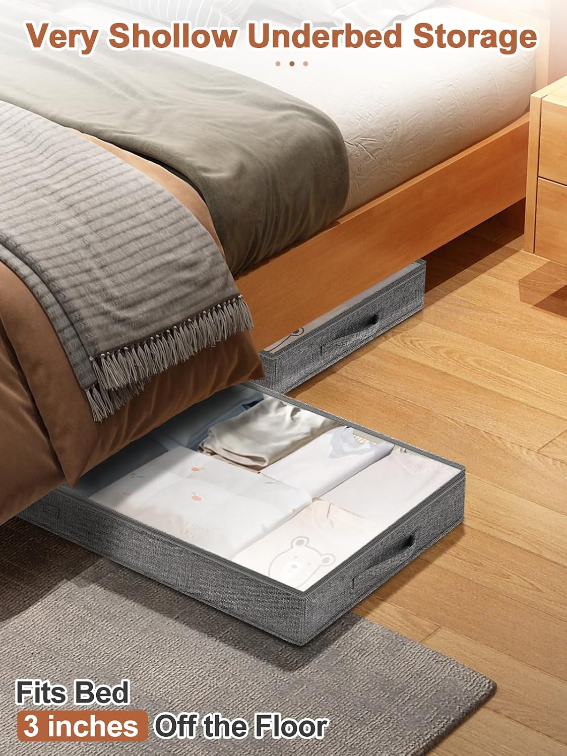 punemi 3 inch High Soft Low Profile Under Bed Storage Bins, 2 Pack, Grey