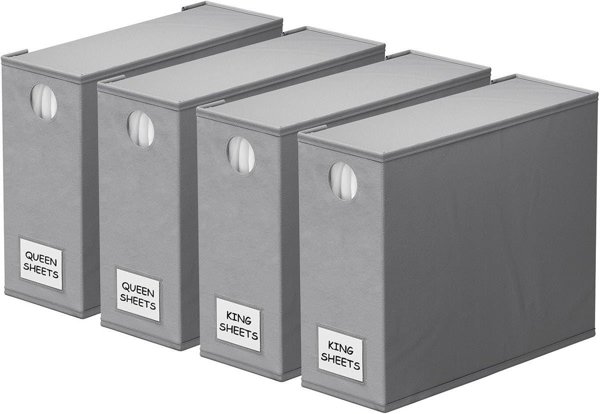 SpaceAid 4 Pack Bed Sheet Organizers and Storage, Foldable Organizer for Linen Closet, Sheets Set Folder Keeper with Window XL (Queen & King Size) Organizing Bedding Container, Gray 91ZDSN-SL01-G4