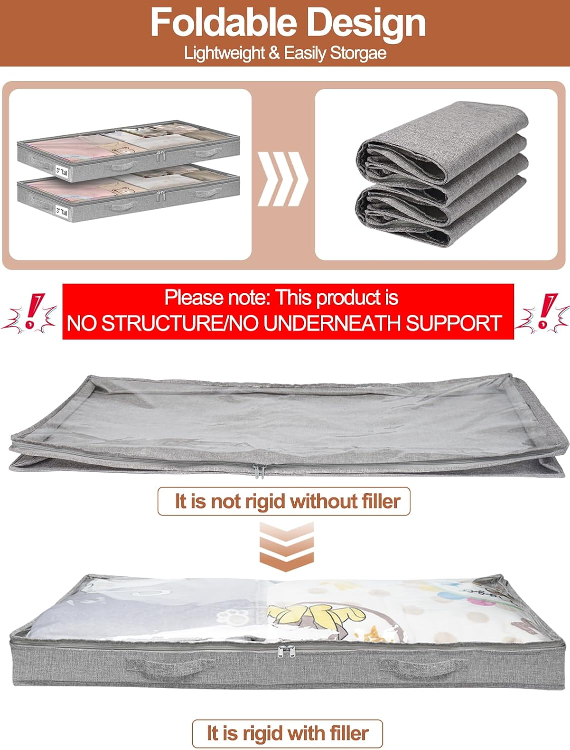 punemi 3 inch High Soft Low Profile Under Bed Storage Bins, 2 Pack, Grey