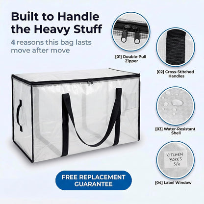 ClearSpace Heavy Duty Moving Bags - Water Resistant Storage Bags with Backpack Straps, Zippers and Handles - Large Moving Boxes for College Dorm, Travel, Closet Organization - 6 Pack, Clear