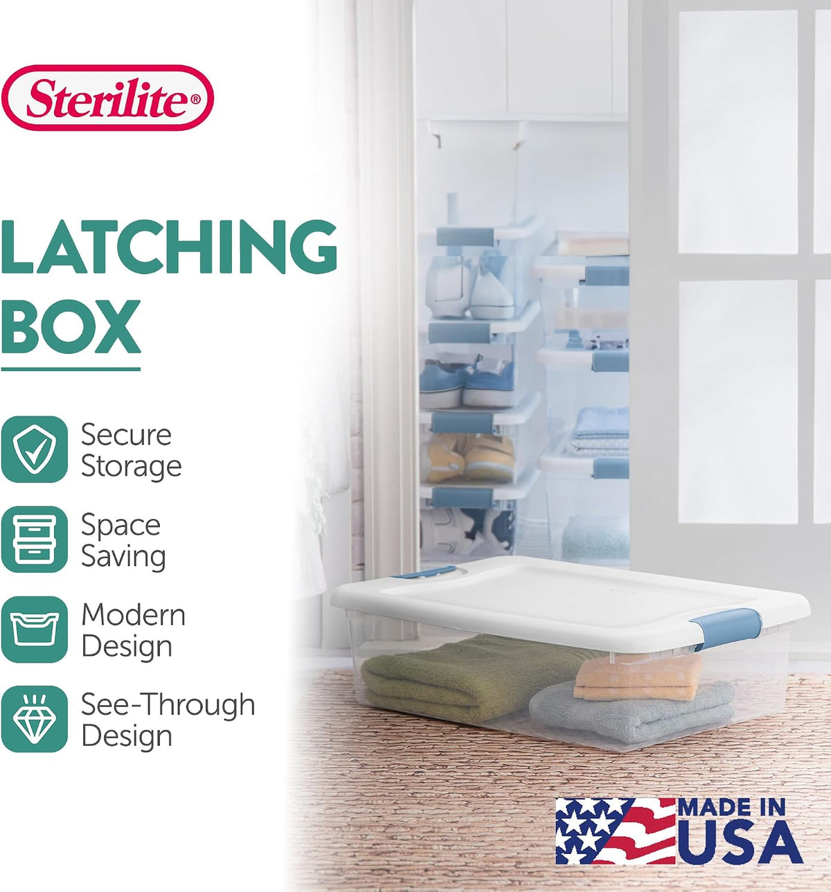Sterilite Latching Box with Lids for Home and Office, 32 Quart, 6-Pack