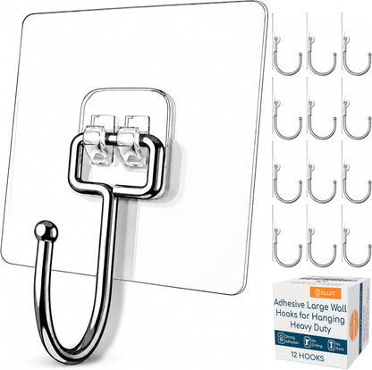 Adhesive Large Wall Hooks for Hanging Heavy Duty No Drill, 22 lbs, 12 pcs