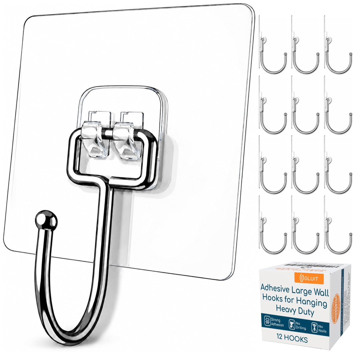 Adhesive Large Wall Hooks for Hanging Heavy Duty No Drill, 22 lbs, 12 pcs