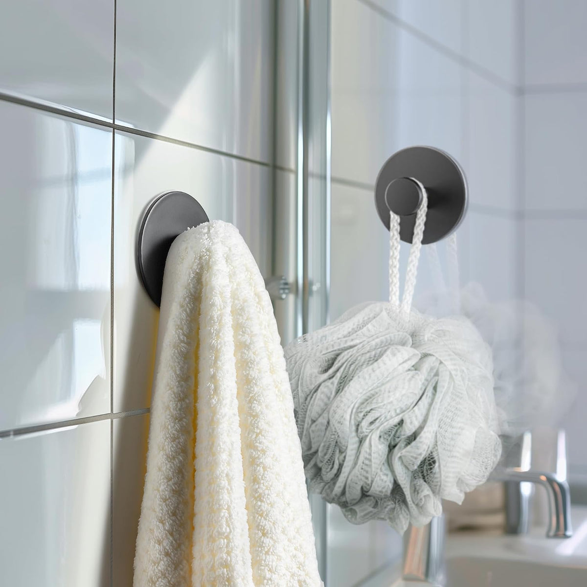 bussdis Multifunctional Towel Hooks for Bathroom Wall - Extra Sticky Stainless, Holds up to 12LB, Coat Hooks Wall Hooks, Adhesive Door Holder Hanger Shower Accessories, Matt Black Heavy Duty