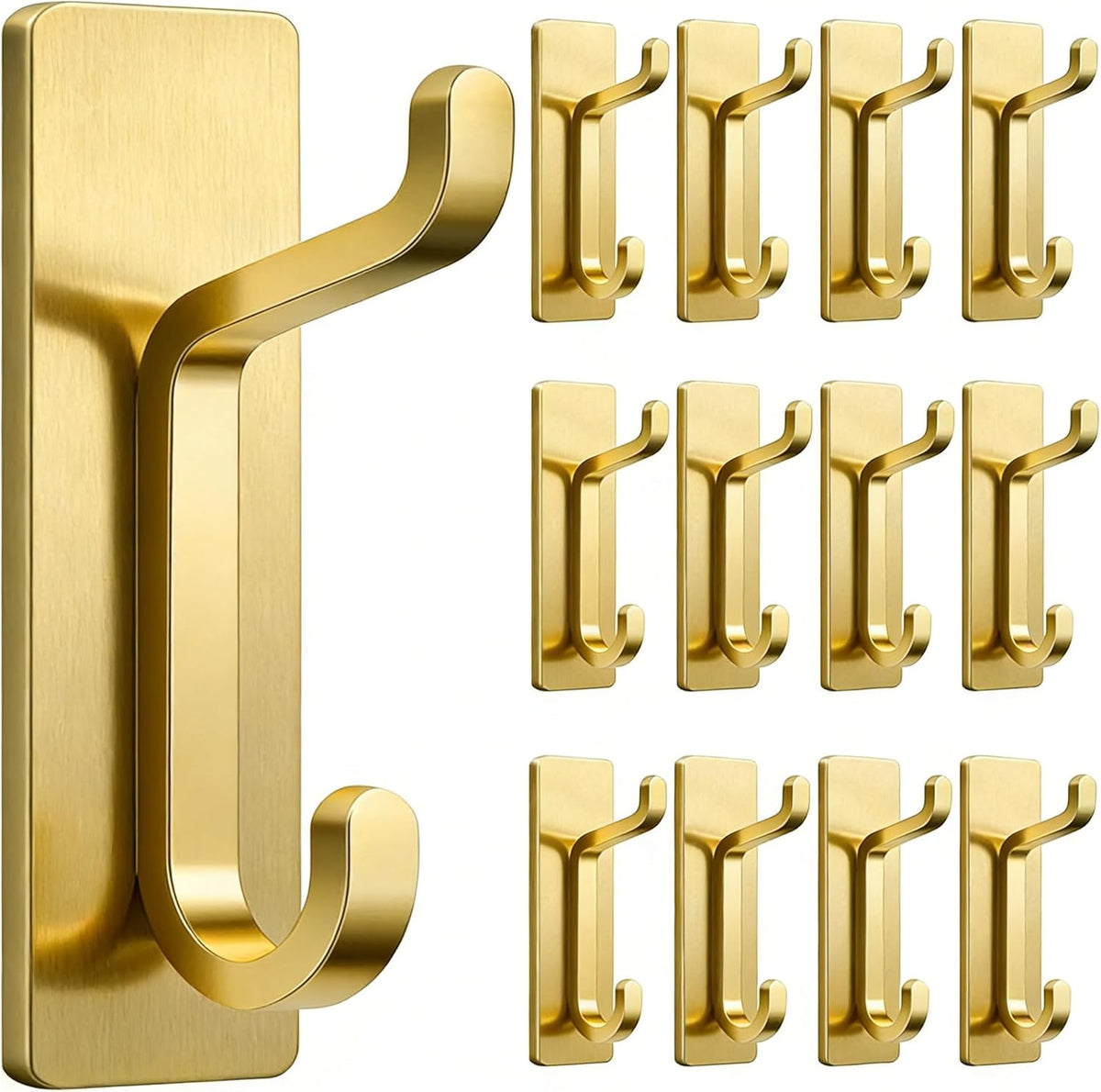 pickpiff 12 Pack Stick-on Hooks Strong 13LB for Coat & Towel, Brushed Gold