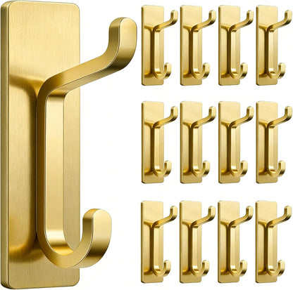 pickpiff 12 Pack Stick-on Hooks Strong 13LB for Coat & Towel, Brushed Gold