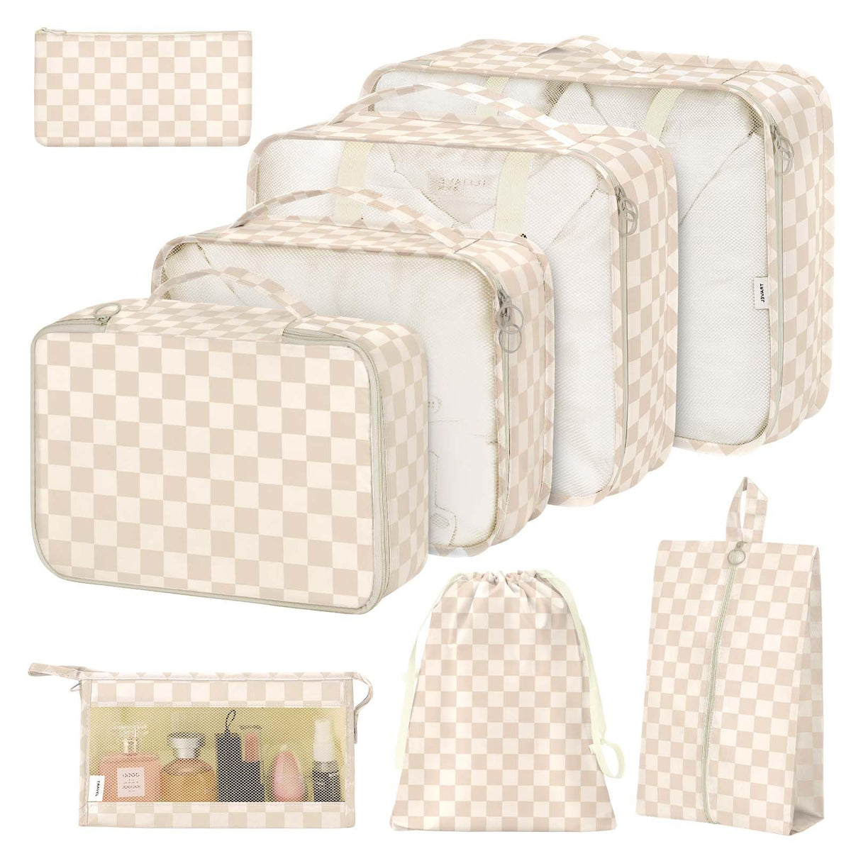 8 Set Packing Cubes for Suitcases,Suitcase Organizer with Shoe,Cosmetics,Clothing, and Accessories Bags for Travel Luggage Organizer Women Men(Pink Bows)