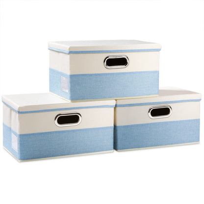 PRANDOM Large Collapsible Storage Bins with Lids [3-Pack] Linen/Cotton Blend Foldable Storage Boxes Organizer Containers Baskets Cube with Cover for Home Bedroom Closet Office Nursery(17.7x11.8x11.8)