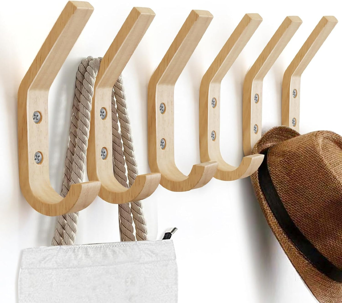 Wooden Wall Hooks Organizer Heavy Duty 6 Pack Coat Hooks for Hanging Coats
