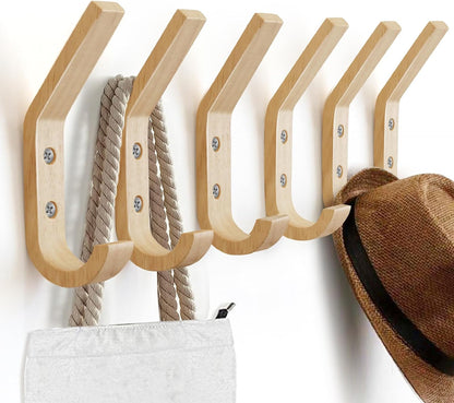Wooden Wall Hooks Organizer Heavy Duty 6 Pack Coat Hooks for Hanging Coats