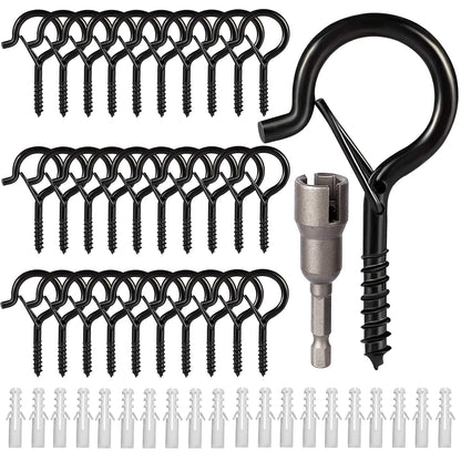 cyrico Hooks for Outdoor String Lights, 52 Pack Screw Hooks for Hanging Plants Led Party Lights Garage Wind Chimes, Black Heavy Duty Q Hanger Ceiling with Safety Buckle, Box and Wing Nut Driver