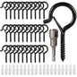 cyrico Hooks for Outdoor String Lights, 52 Pack Screw Hooks for Hanging Plants Led Party Lights Garage Wind Chimes, Black Heavy Duty Q Hanger Ceiling with Safety Buckle, Box and Wing Nut Driver