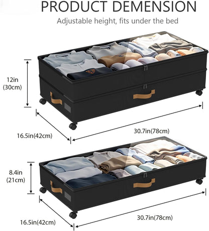 Under Bed Storage with Wheels 2-Pack, 75L XXL Under the Bed Storage Containers Large, 12" Tall Adjustable Storage for Underbed with Lids, Rolling for Clothes, Shoes, Blankets (Black)