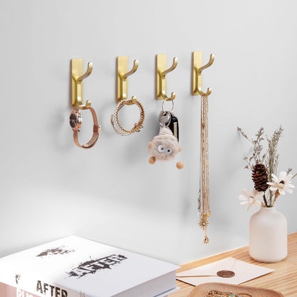 Adhesive Wall Hooks for Towel/Coat,13Lb Strong Stick-On Hooks, Gold 4 Pack