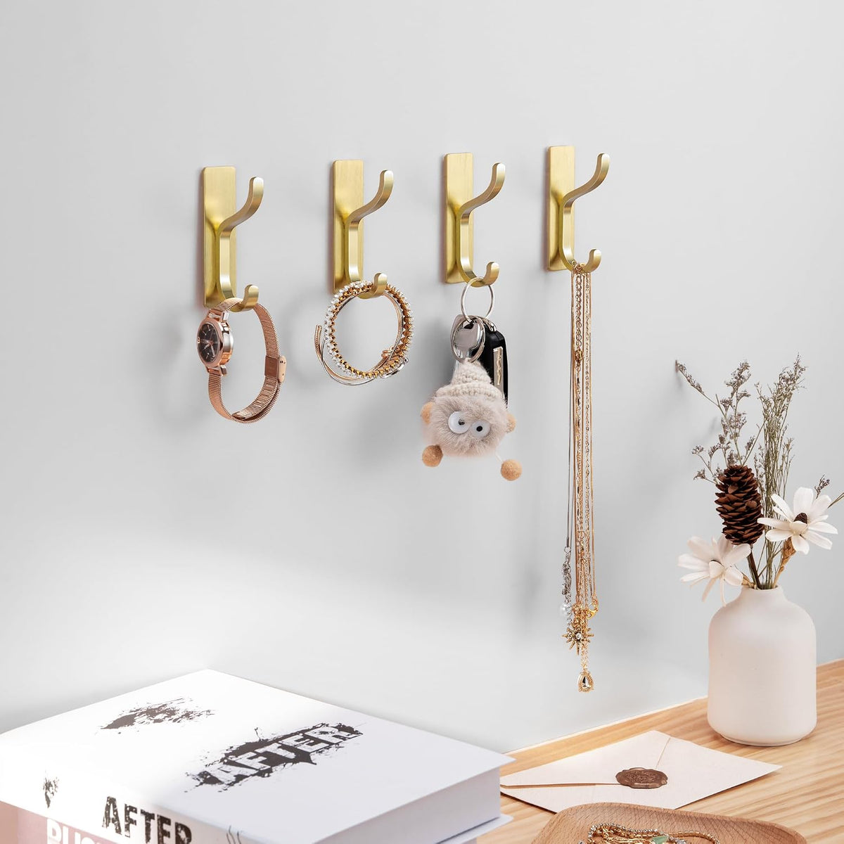 Adhesive Wall Hooks for Towel/Coat,13Lb Strong Stick-On Hooks, Gold 6 Pack